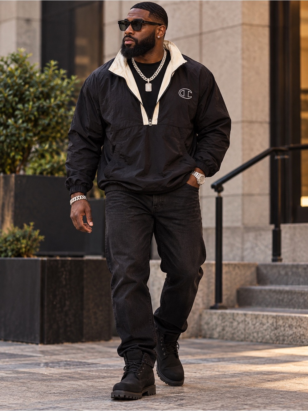 Champion Vintage Black White Quarter-Zip Windbreaker Size XL